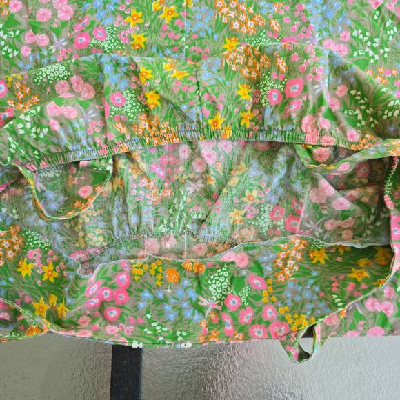 60s Tiffany Loungewear Classic Retro Colors Floral Bib Dress Pockets Sundress M - Picture 13 of 16